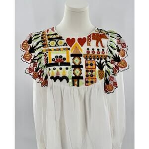 Farm Rio White Embroidered Ruffle Top Long Sleeve Cotton Boho Blouse Small